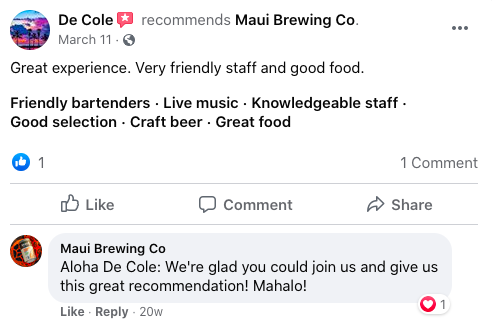 Maui Brewing Facebook reviews