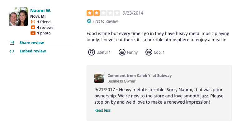 Subway review on Yelp